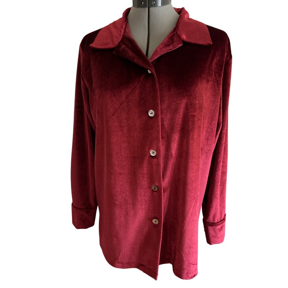 Robert Louis Womens Burgundy Velvet Long Sleeve Button-Up Lounge Lux Top M